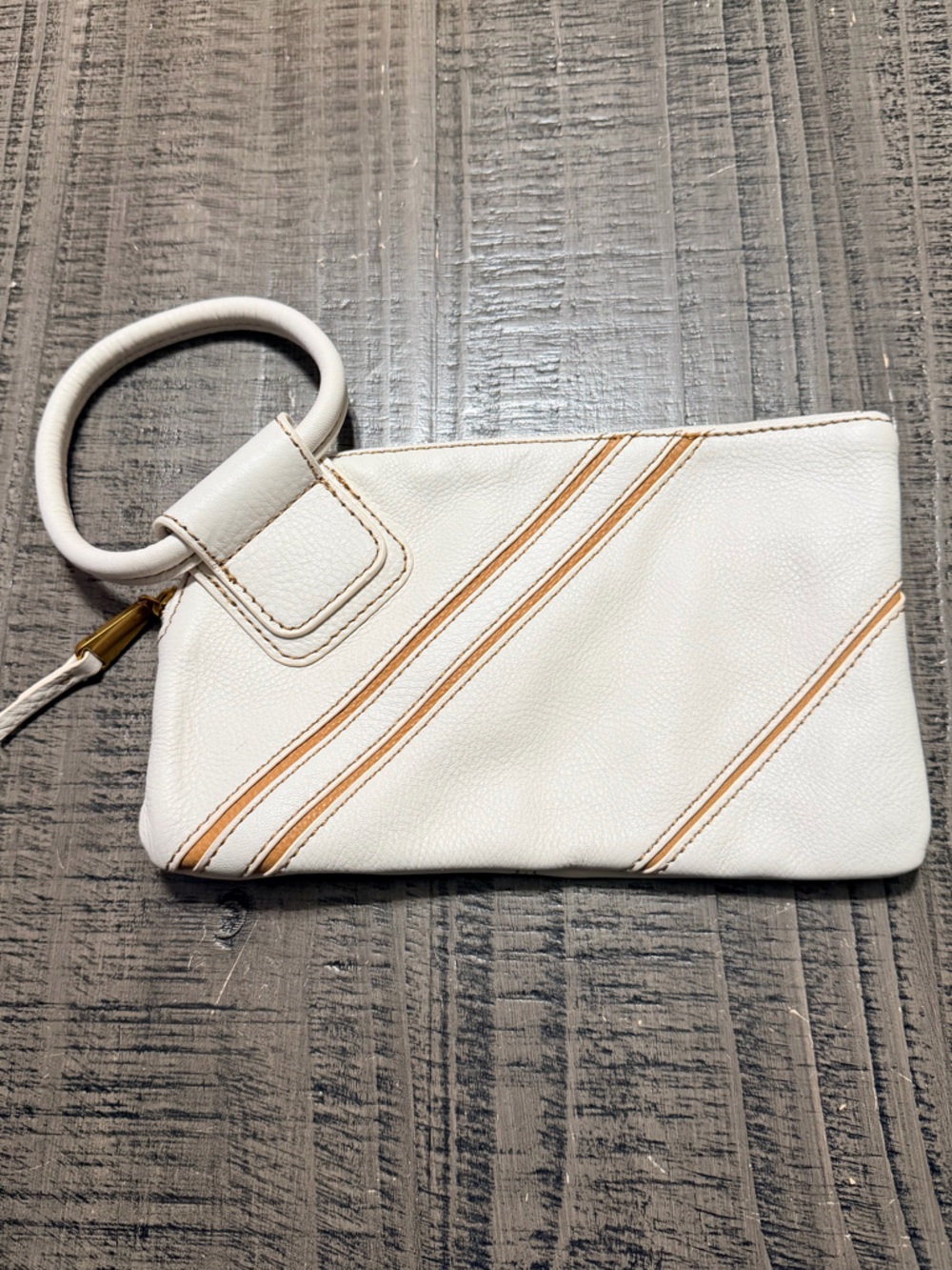 HOBO White and Tan Leather Wristlet with Diagonal Stripe Detail